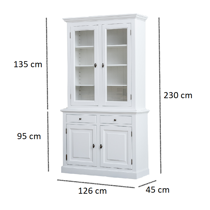 Buffetschrank Santa Lucia - 126x50x230H cm - 2 Vitrinentüren mit Scharnieren - 2 Schubladen mit Soft Close - 2 Türen mit Scharnieren - 4 Einlegeböden - verstellbare Einlegeböden