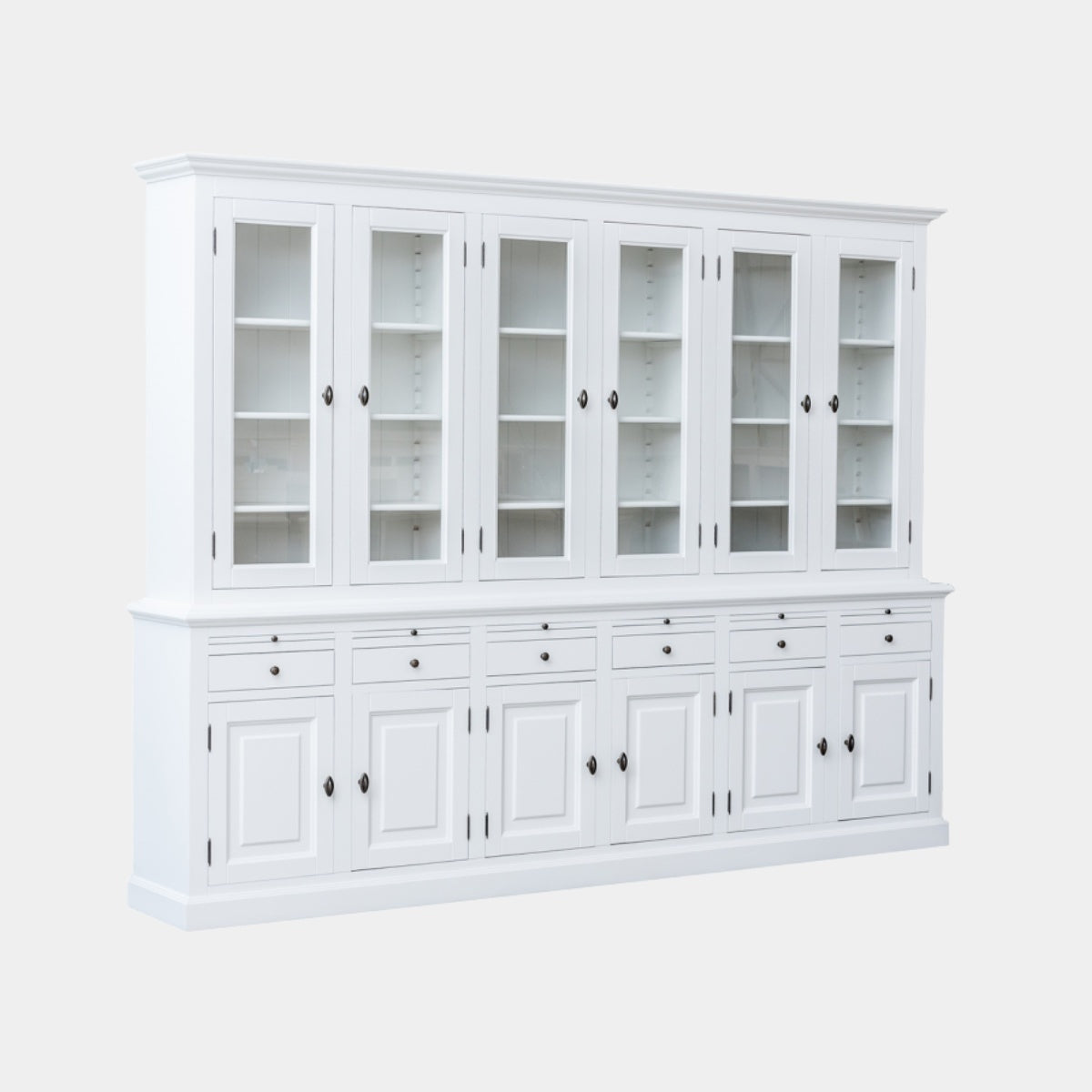 Buffetschrank Santiago - 300x45x230H cm - 6 Vitrinentüren mit Scharnieren - 6 ausziehbare Einlegeböden - 6 Schubladen mit Soft Close - 6 geschlossene Türen mit Scharnieren - verstellbare Einlegeböden