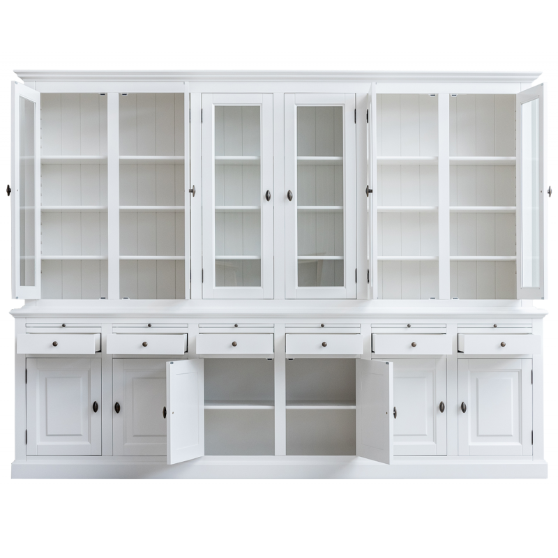 Buffetschrank Santiago - 300x45x230H cm - 6 Vitrinentüren mit Scharnieren - 6 ausziehbare Einlegeböden - 6 Schubladen mit Soft Close - 6 geschlossene Türen mit Scharnieren - verstellbare Einlegeböden