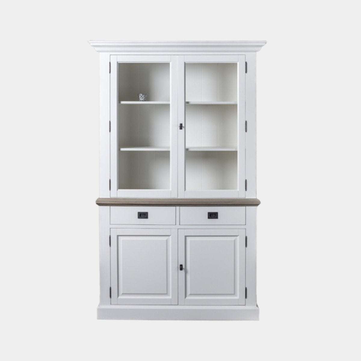 Buffetschrank Sara 02 - 130x46x206H cm - Zwischenboden Eiche - 2 Vitrinentüren mit Scharnieren - 2 Schubladen mit Soft-Close - 2 geschlossene Türen mit Scharnieren