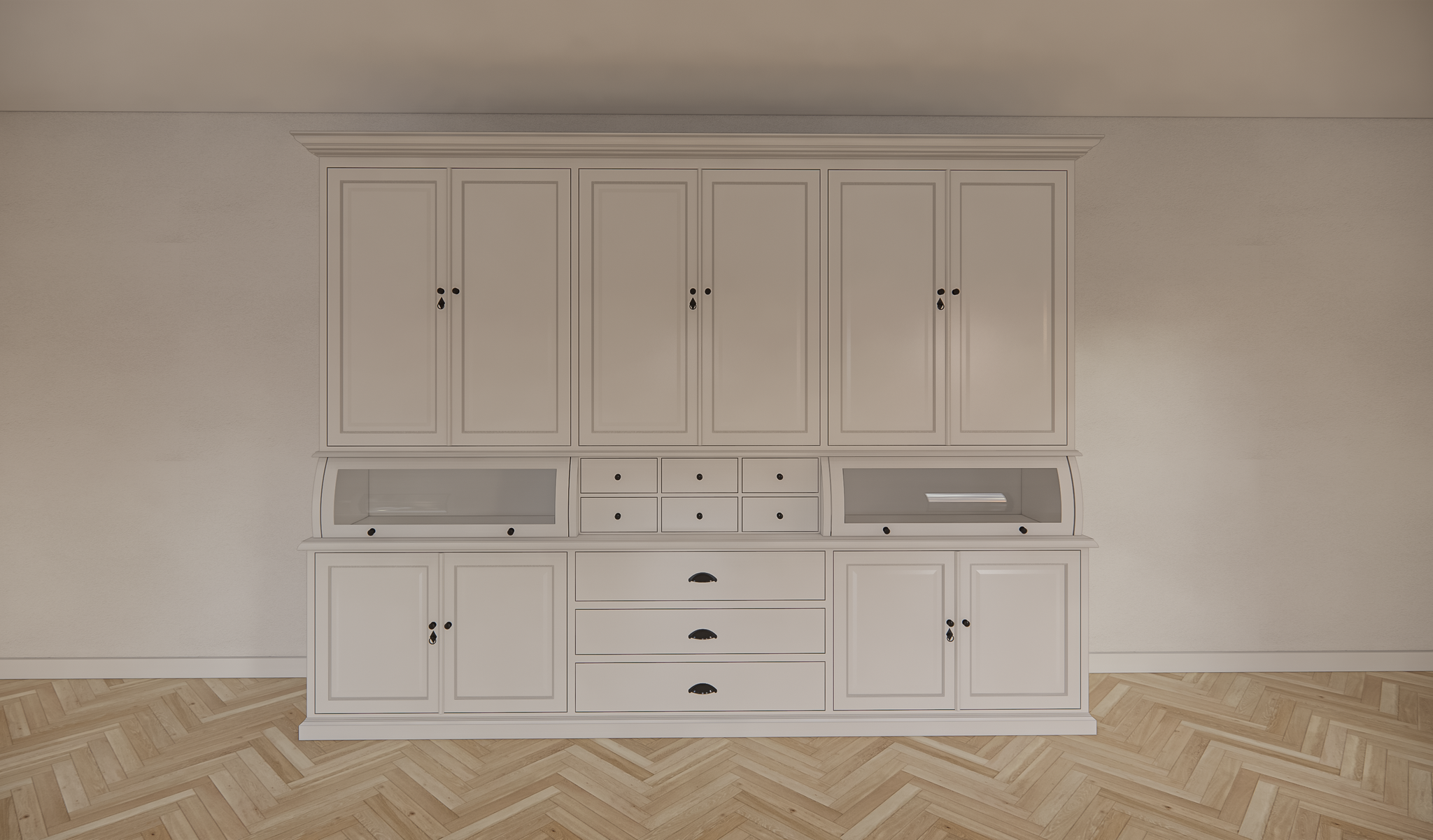 Buffetschrank / Grutterschrank Burano - 300x50x230H cm - 2 Kugelklappen - geschlossene Türen im Oberschrank - 9 Schubladen
