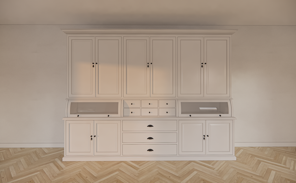 Buffetschrank / Grutterschrank Burano - 300x50x230H cm - 2 Kugelklappen - geschlossene Türen im Oberschrank - 9 Schubladen