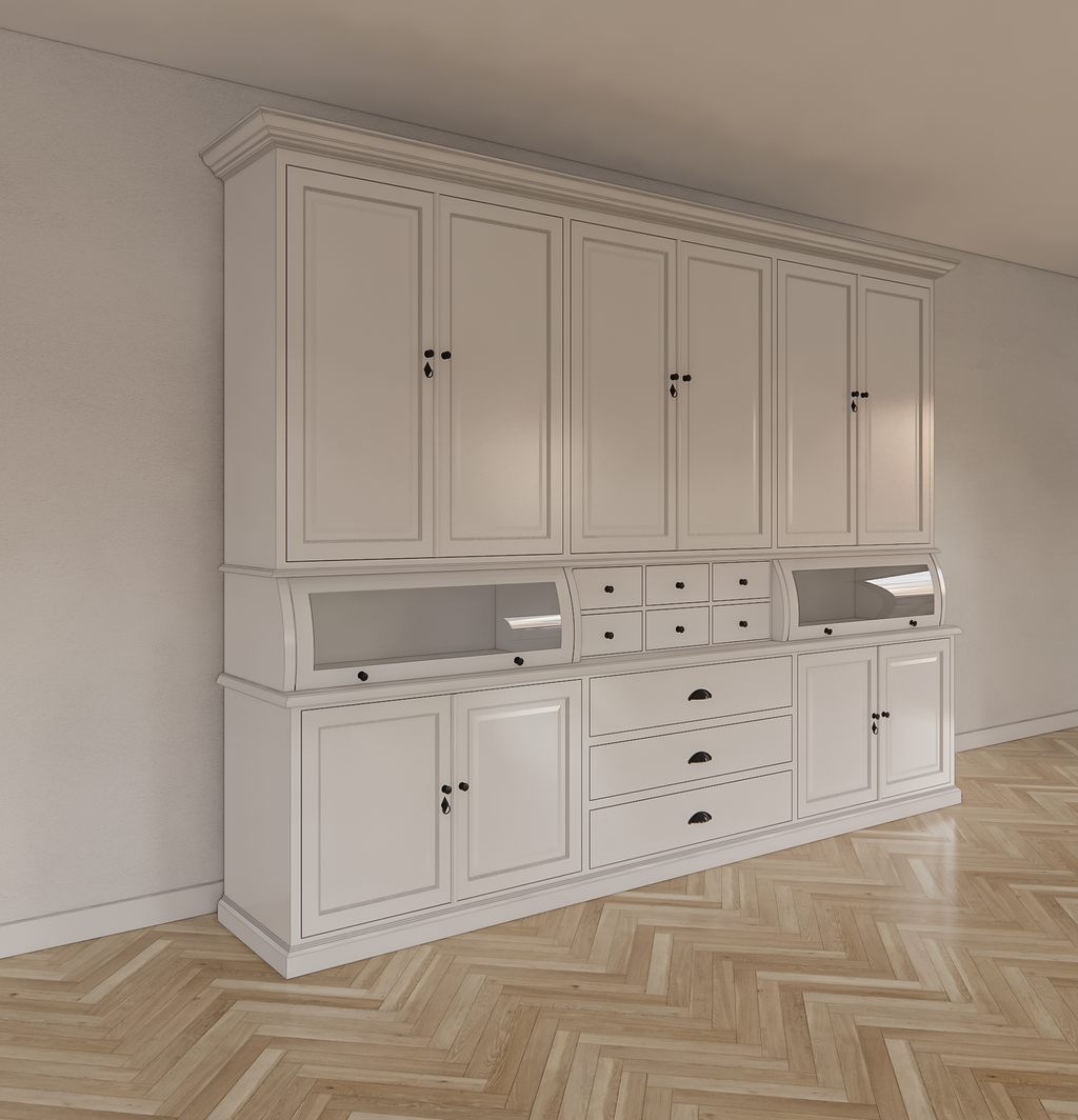 Buffetschrank / Grutterschrank Burano - 300x50x230H cm - 2 Kugelklappen - geschlossene Türen im Oberschrank - 9 Schubladen