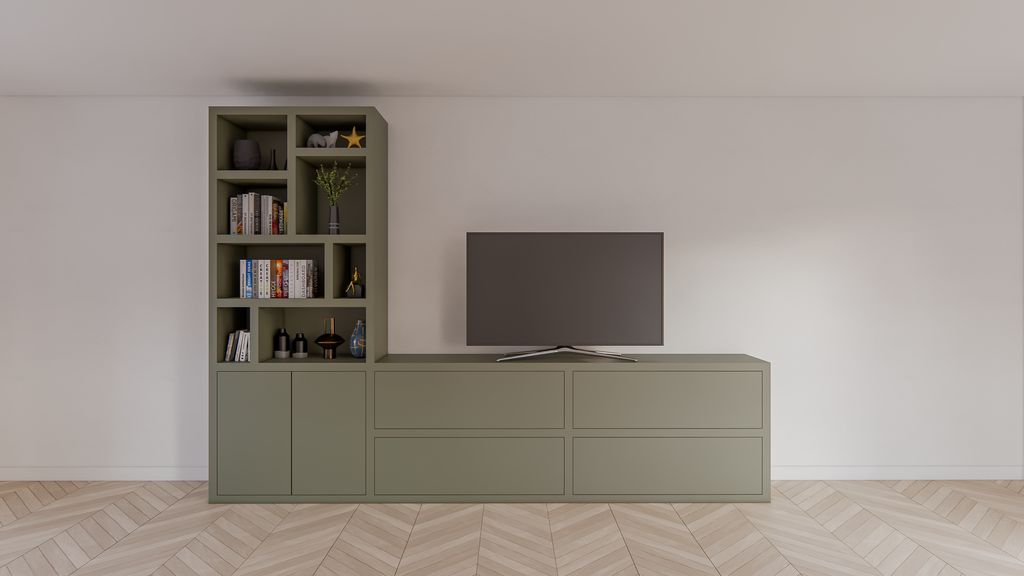 TV-Schrank/Kommode Burgos - 340x45x240H cm - Türen mit Push-to-Open-Funktion - Schubladen mit Push-to-Open-Funktion - 5cm Fachbodenstärke