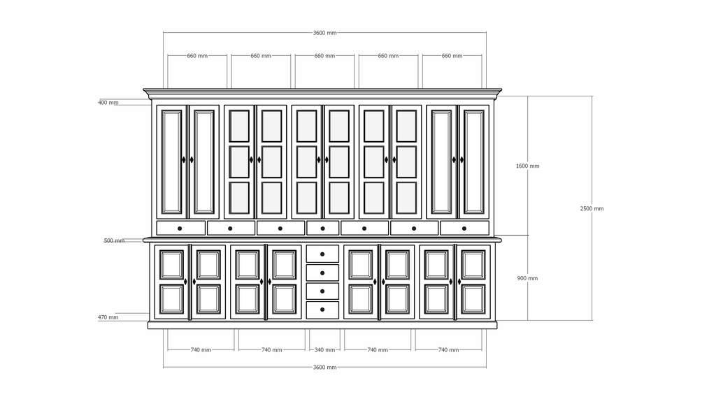 Buffetschrank Bursa - 360x50x250H cm - Vitrinentüren und geschlossene Türen