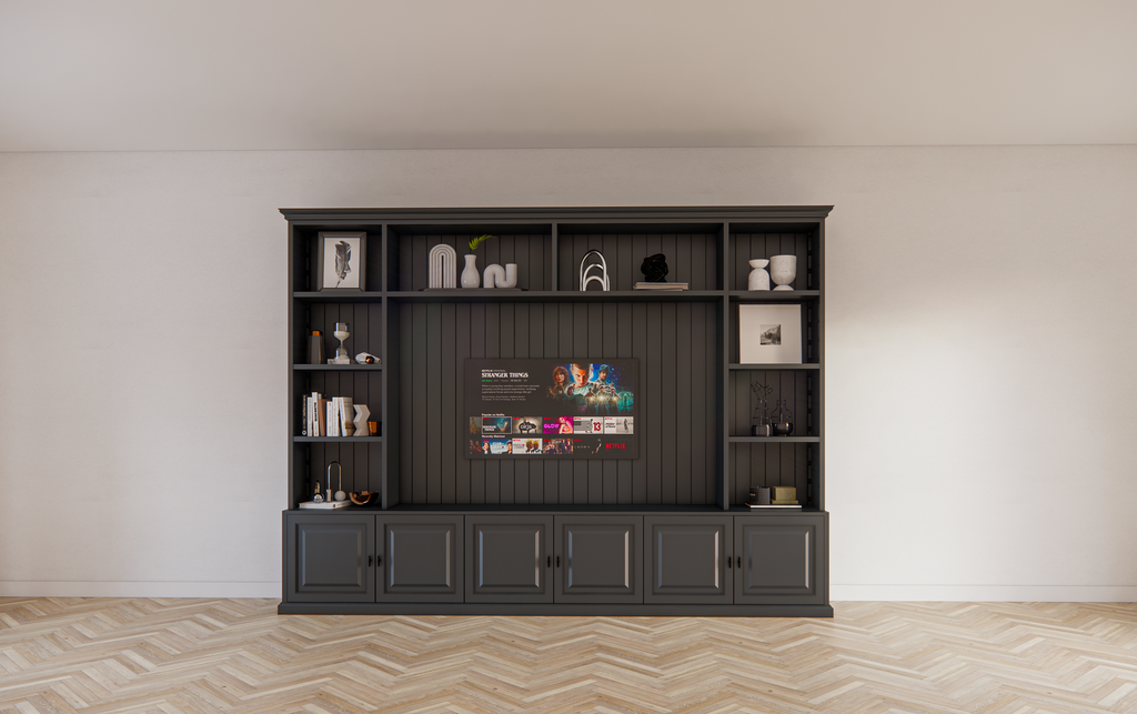 Calgary TV Bücherregal - 330x35/45x245H cm - offene Regale - Flügeltüren