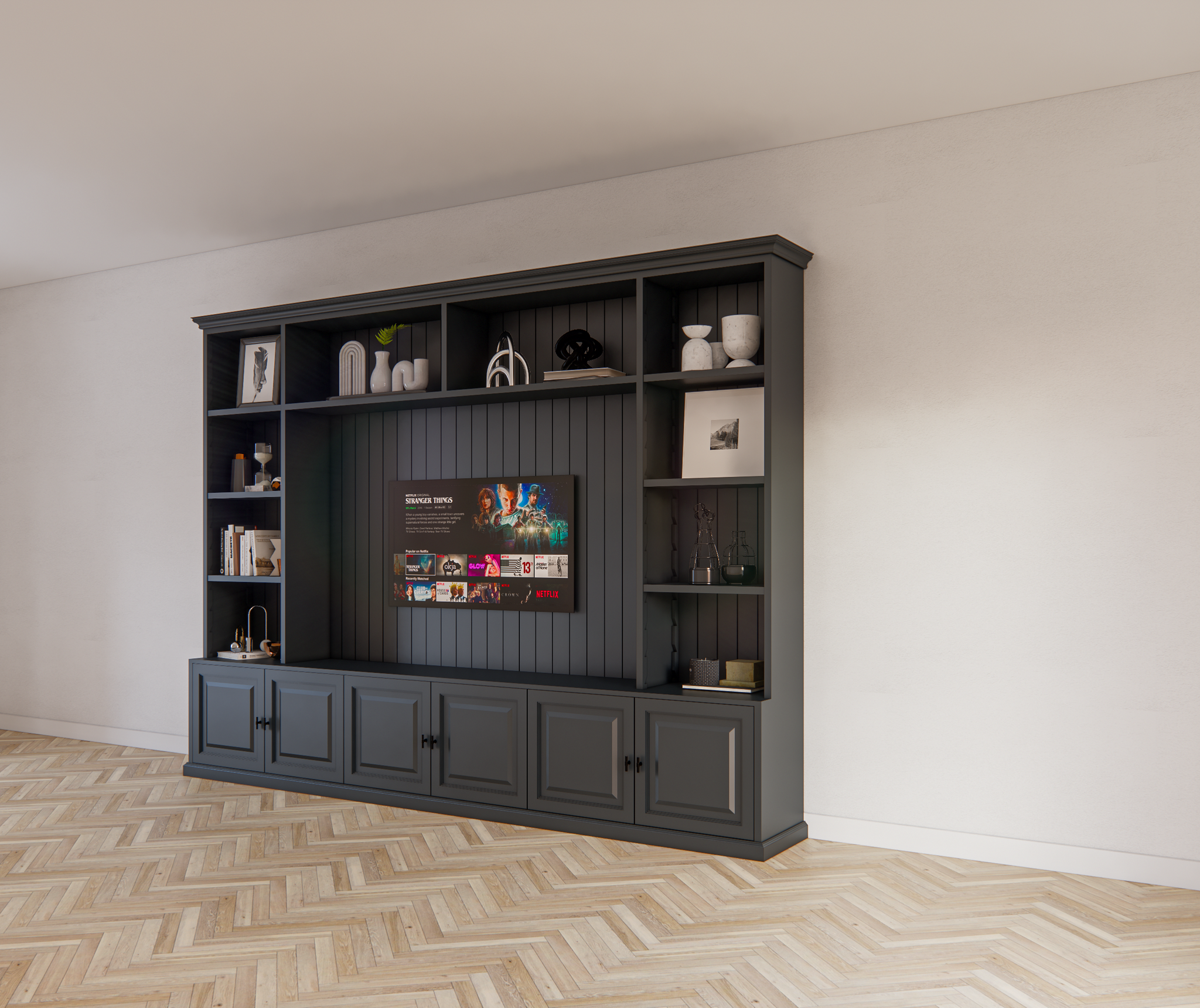 Calgary TV Bücherregal - 330x35/45x245H cm - offene Regale - Flügeltüren