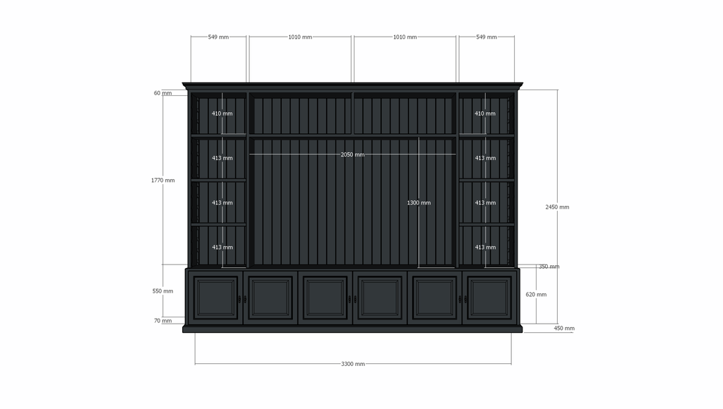 Calgary TV Bücherregal - 330x35/45x245H cm - offene Regale - Flügeltüren