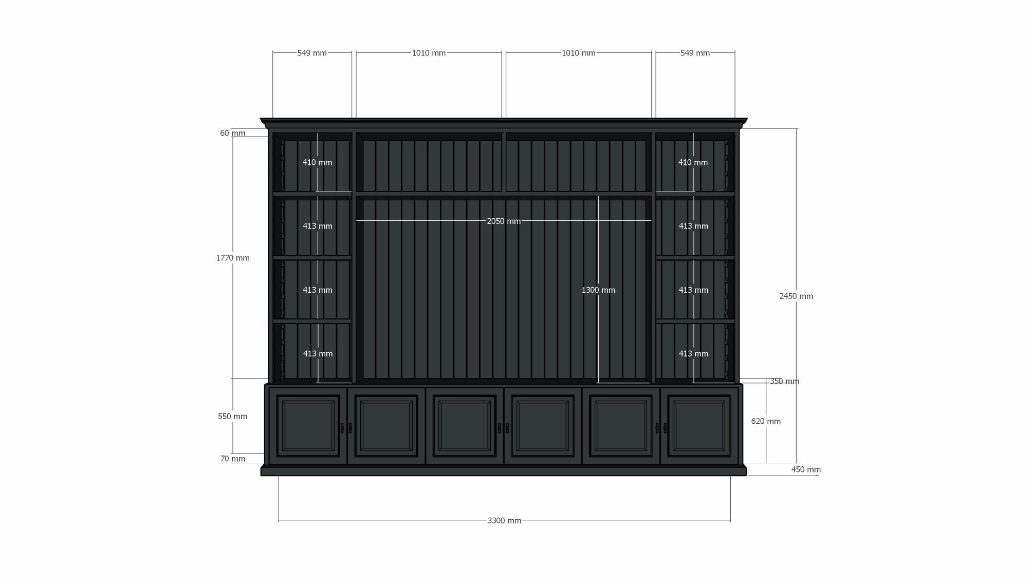 Calgary TV Bücherregal - 330x35/45x245H cm - offene Regale - Flügeltüren
