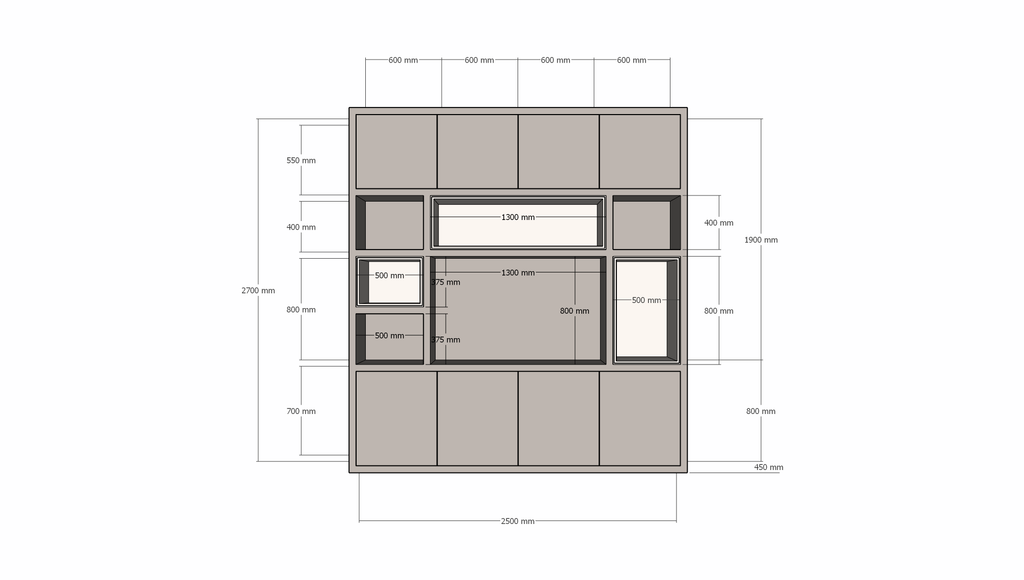 TV-Schrank Chard - 250x45x270H cm - Fach in Fach - Türen zum Öffnen mit Druckknopf - schlichte Ausführung