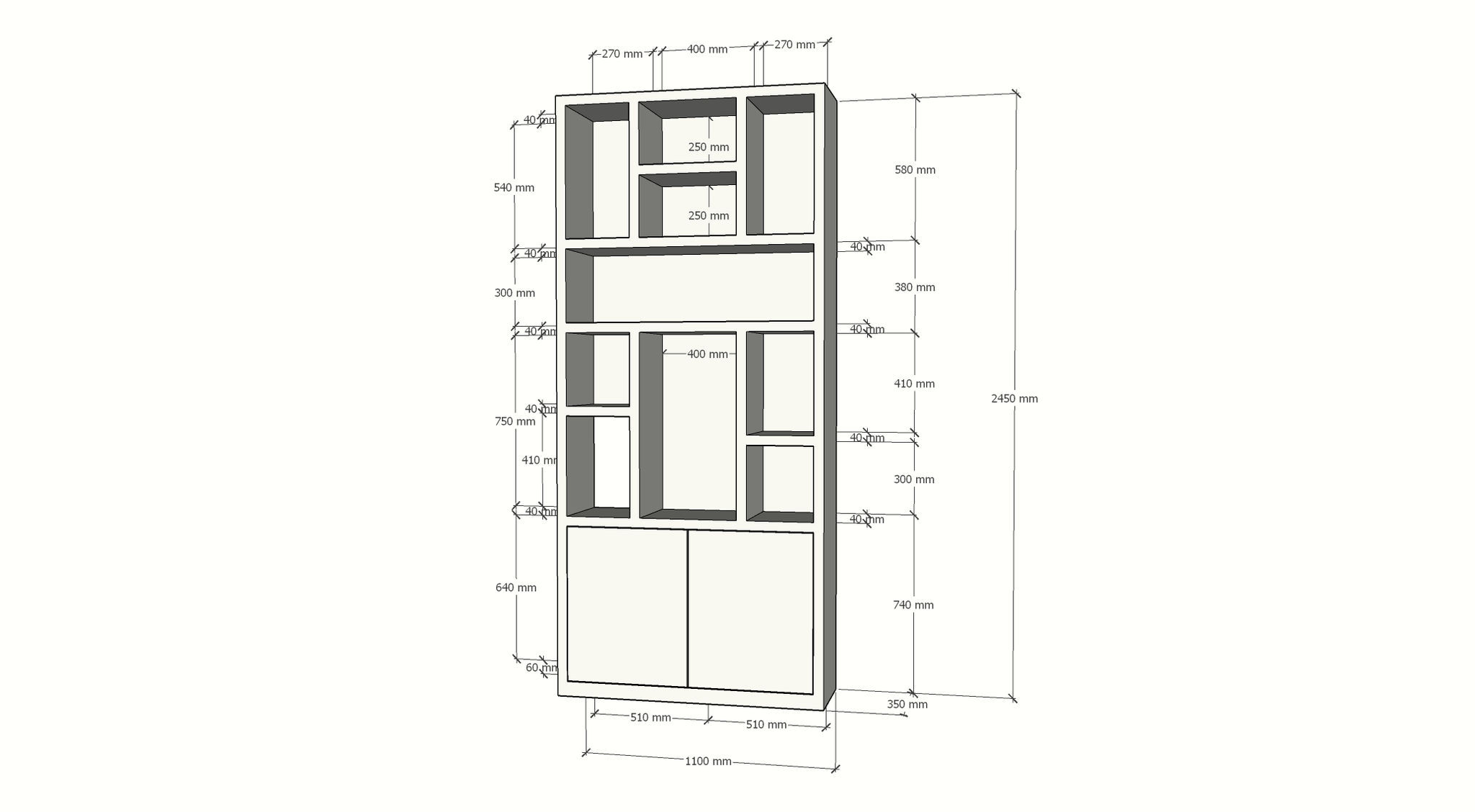Charleroi Fächerschrank - 110x35x245H cm - 4cm Fachbodenstärke - 10 offene Fächer - 2 push-to-open Türen