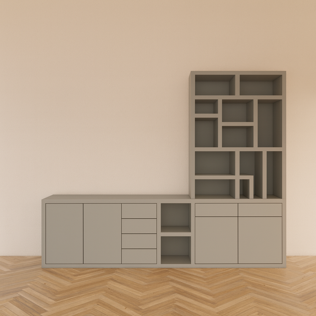 TV-Sideboard mit Fächerschrank Lesbos - 350x40x250H cm - Soft-Close-Schubladen - Push-to-Open-Türen - schlichte Ausführung - offene Fächer