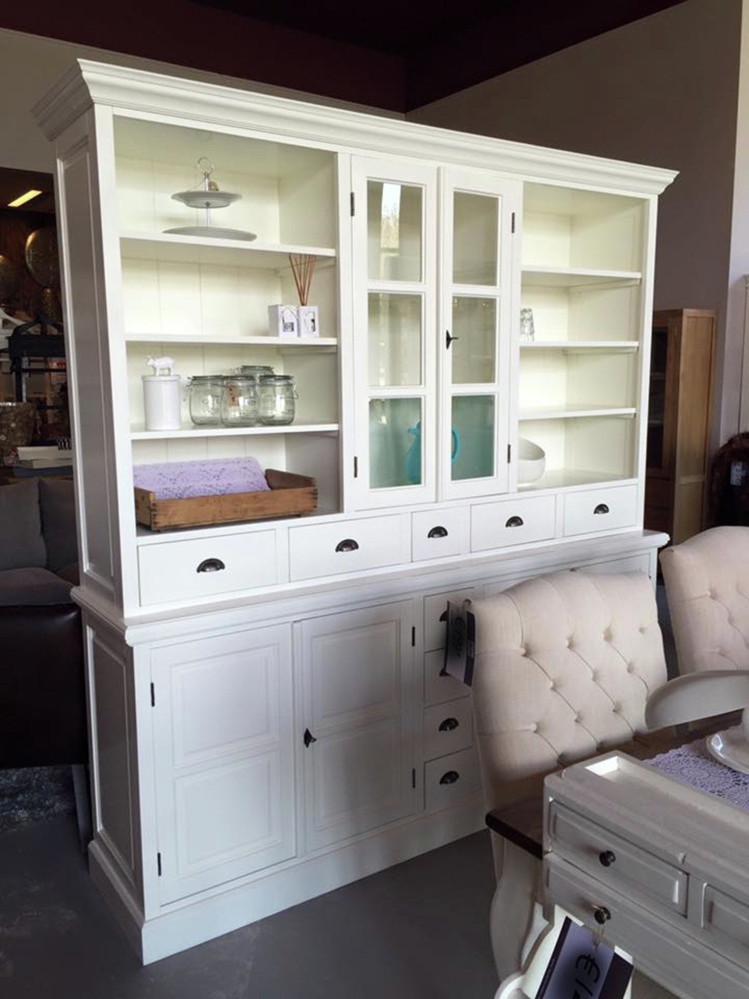 Sideboard Chaumont - 210x50x220H cm - offene Fächer - 2 Vitrinentüren - 9 Schubladen - 4 geschlossene Flügeltüren