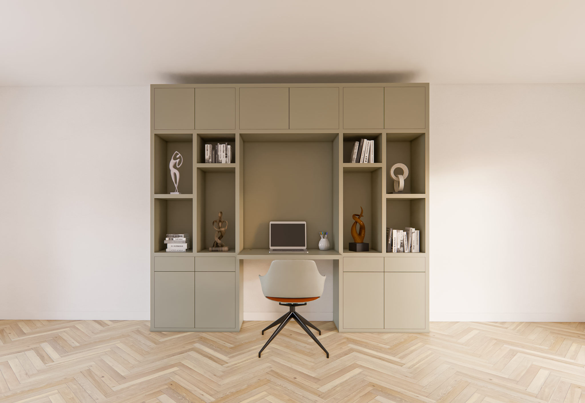 Chauny Schreibtischschrank - 280x40x250H cm - Push-to-Open-Türen - Push-to-Open-Schubladen - 4cm Fachbodenstärke - glatte Oberfläche