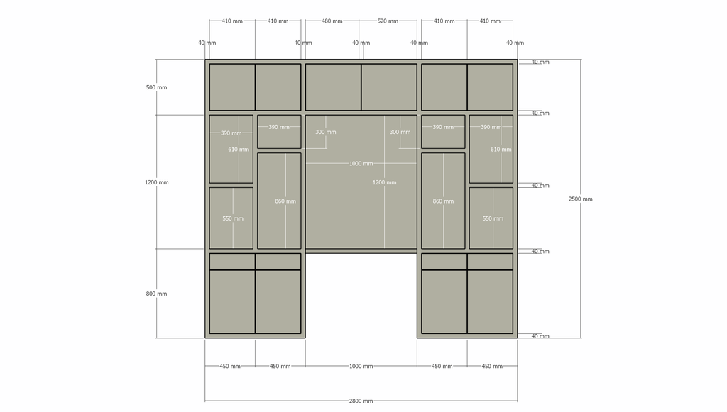 Chauny Schreibtischschrank - 280x40x250H cm - Push-to-Open-Türen - Push-to-Open-Schubladen - 4cm Fachbodenstärke - glatte Oberfläche