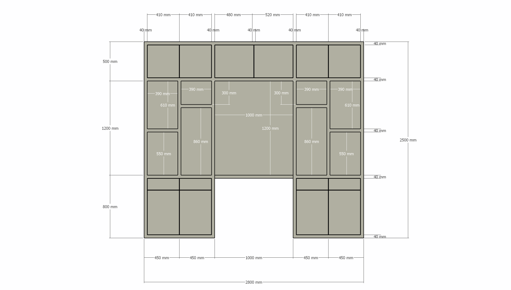 Chauny Schreibtischschrank - 280x40x250H cm - Push-to-Open-Türen - Push-to-Open-Schubladen - 4cm Fachbodenstärke - glatte Oberfläche