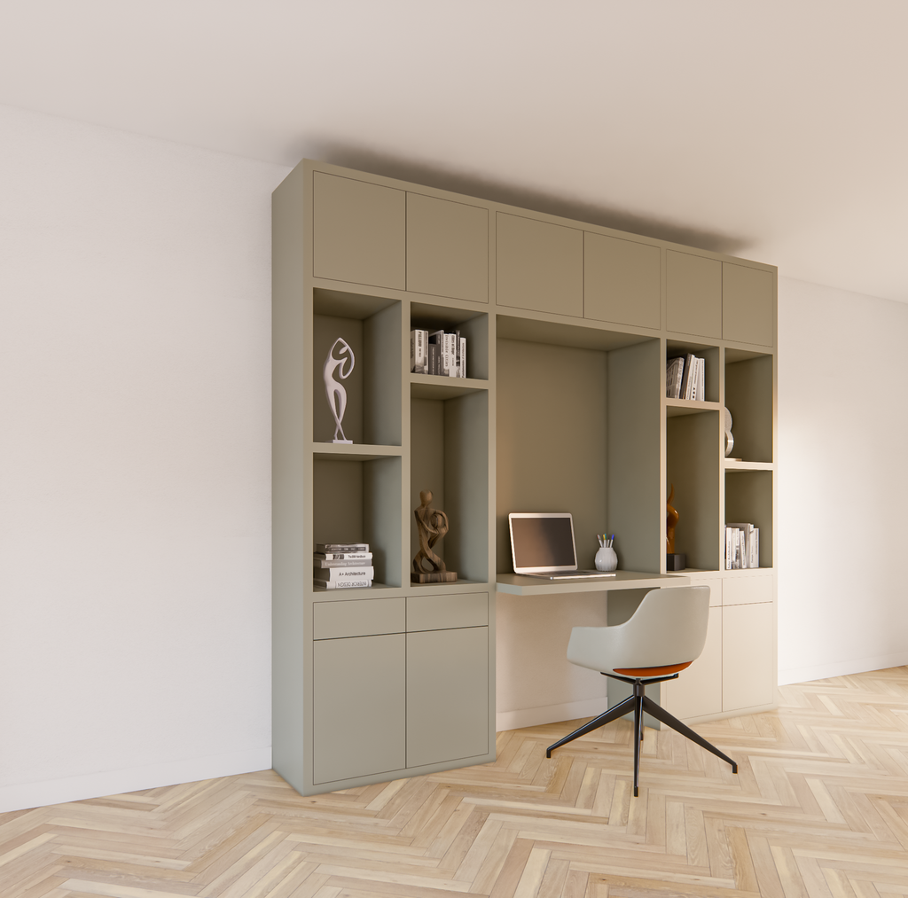 Chauny Schreibtischschrank - 280x40x250H cm - Push-to-Open-Türen - Push-to-Open-Schubladen - 4cm Fachbodenstärke - glatte Oberfläche