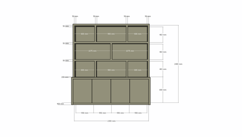 Fächerschrank Korsika - 230x40/20x240H cm - push-to-open Türen - flacher Oberschrank - 5cm Fachbodenstärke