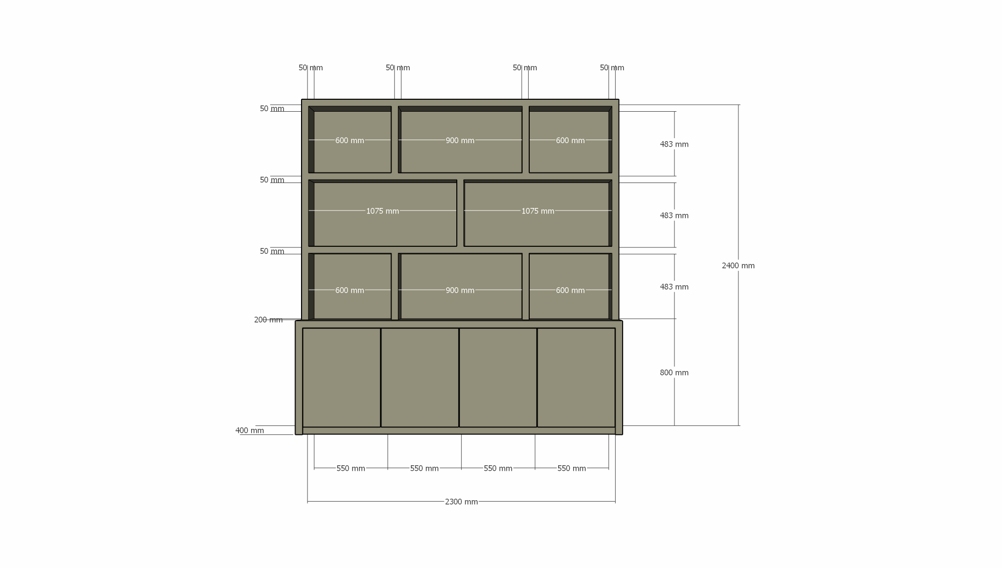 Fächerschrank Korsika - 230x40/20x240H cm - push-to-open Türen - flacher Oberschrank - 5cm Fachbodenstärke