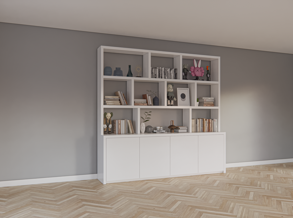 Fächerschrank Corsica - 280x20/40x240H cm - 5cm Fachbodenstärke - push-to-open Türen - offene Fächer - ohne Rückwand - schlichte Ausführung