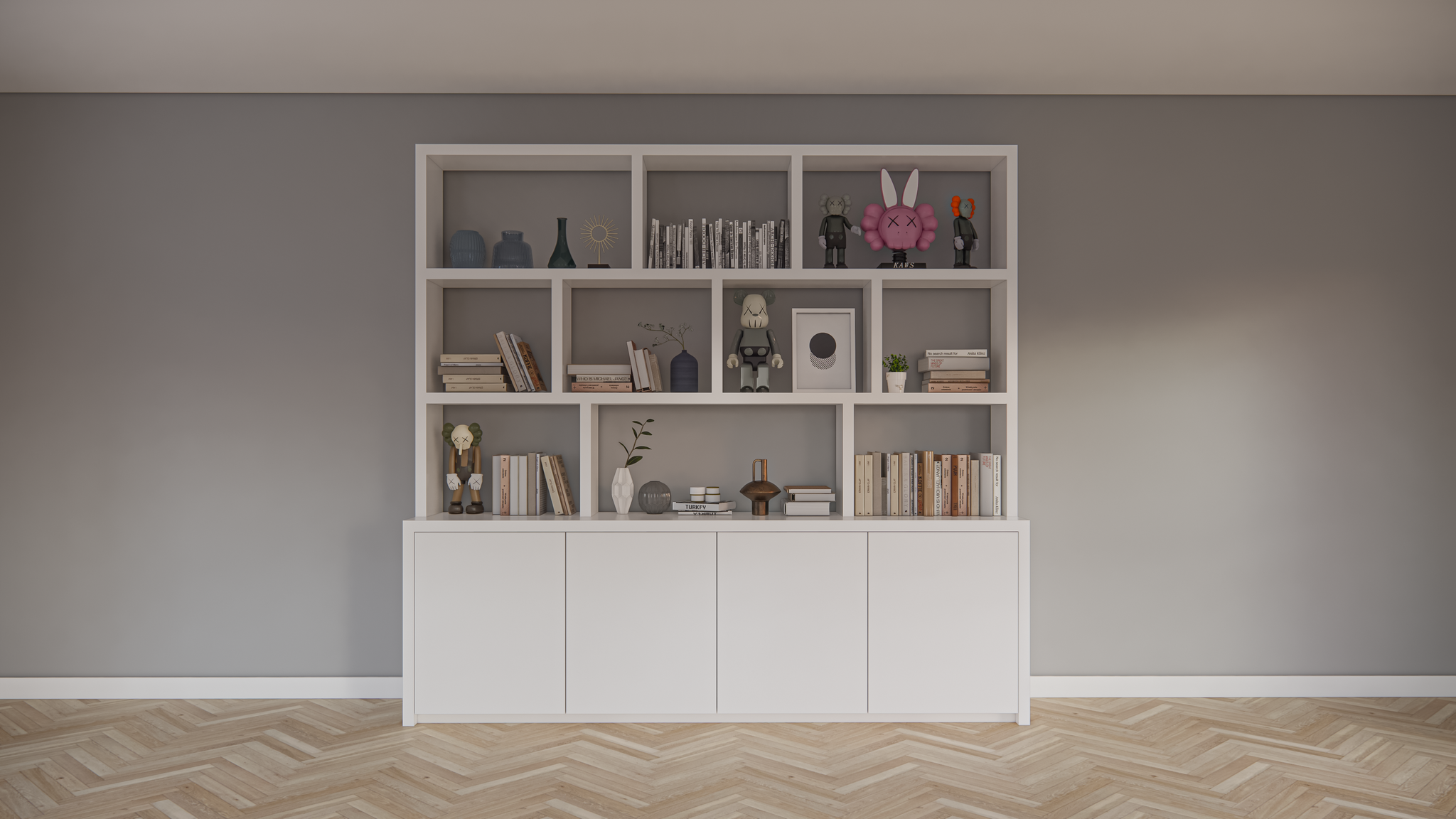 Fächerschrank Corsica - 280x20/40x240H cm - 5cm Fachbodenstärke - push-to-open Türen - offene Fächer - ohne Rückwand - schlichte Ausführung