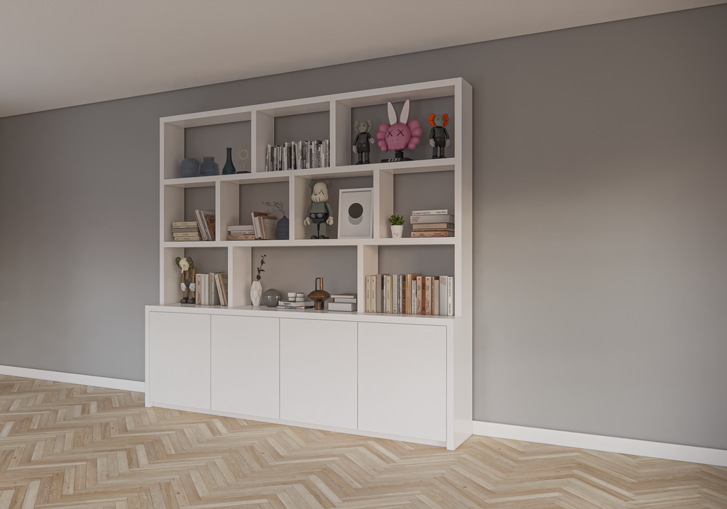 Fächerschrank Corsica - 280x20/40x240H cm - 5cm Fachbodenstärke - push-to-open Türen - offene Fächer - ohne Rückwand - schlichte Ausführung