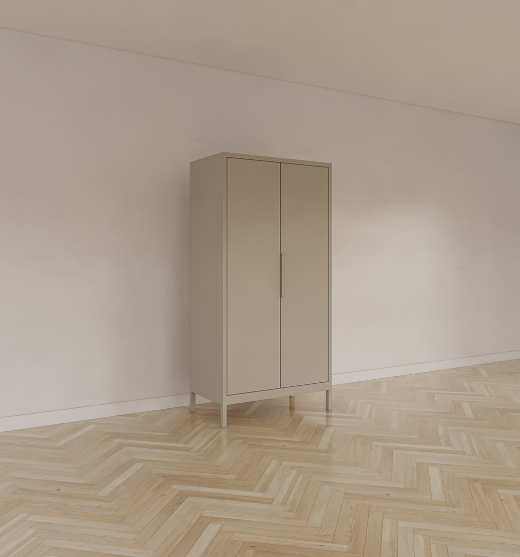 Kinderkleiderschrank Demak - 90x50x180H cm - auf Beinen - 2 Flügeltüren - rechte Tür 4 verstellbare Einlegeböden - linke Tür Hängeteil