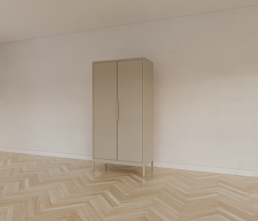 Kinderkleiderschrank Demak - 90x50x180H cm - auf Beinen - 2 Flügeltüren - rechte Tür 4 verstellbare Einlegeböden - linke Tür Hängeteil