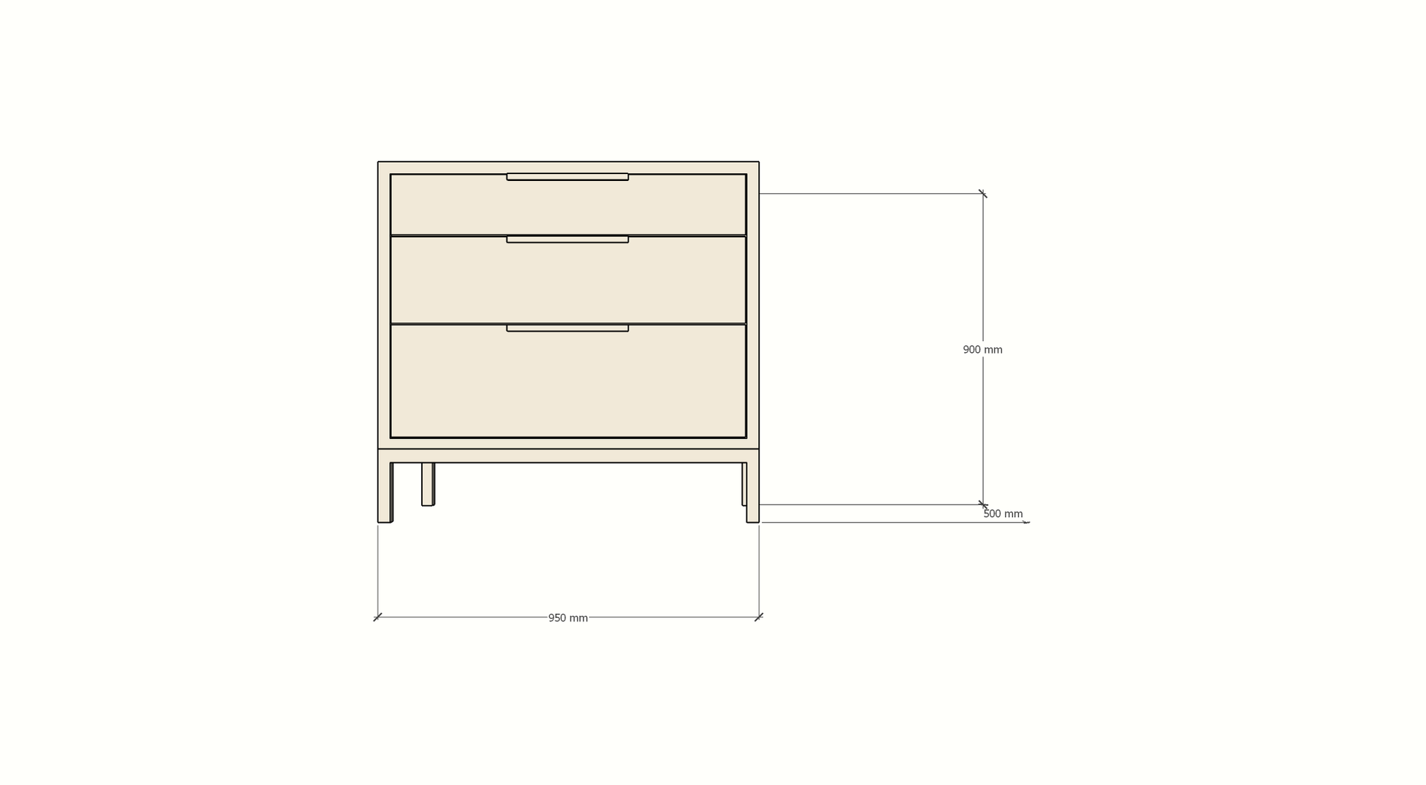 Kommode Demak 95cm - 95x50x90H cm - auf Beinen - 3 Soft-Close-Schubladen