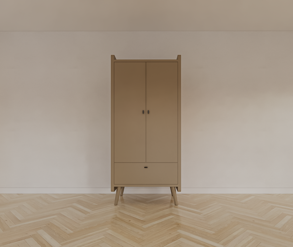 Kinderkleiderschrank Denok - 90x60x195H cm - auf runden Beinen - 2 Flügeltüren - verstellbare Einlegeböden und Hängeteil - 1 Soft-Close-Schublade