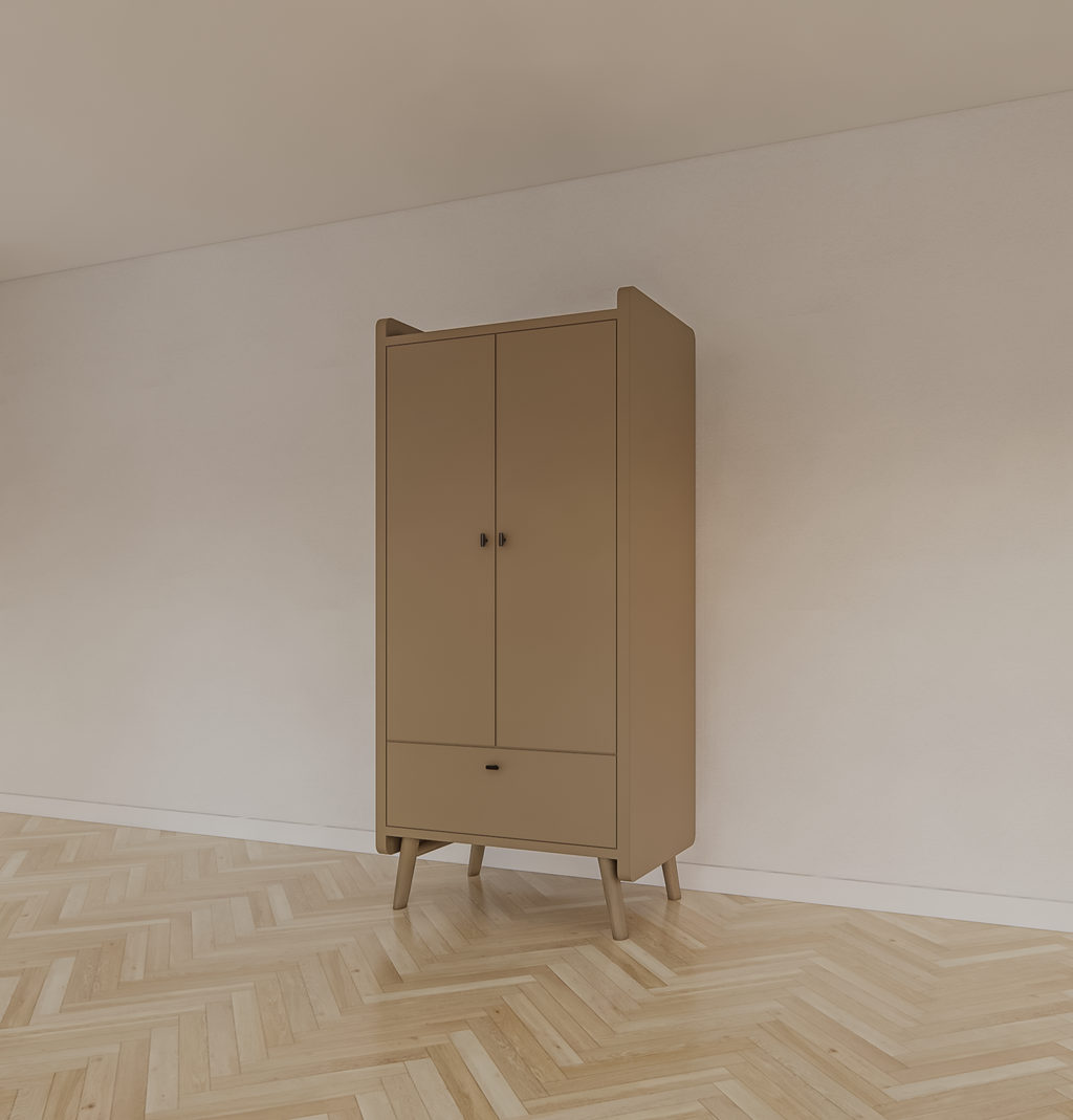 Kinderkleiderschrank Denok - 90x60x195H cm - auf runden Beinen - 2 Flügeltüren - verstellbare Einlegeböden und Hängeteil - 1 Soft-Close-Schublade