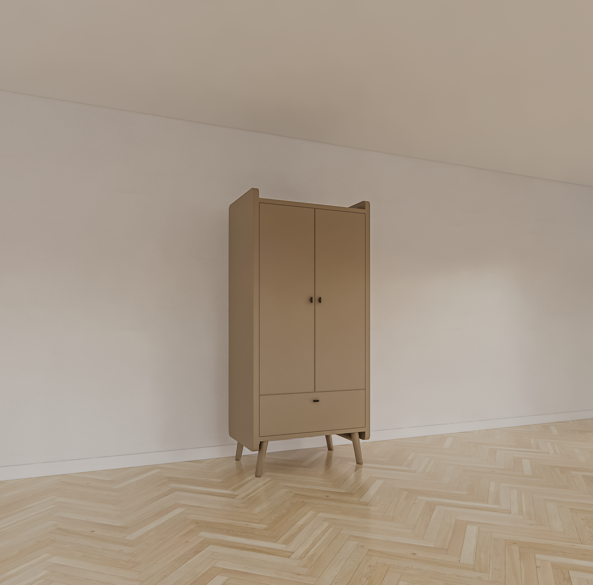 Kinderkleiderschrank Denok - 90x60x195H cm - auf runden Beinen - 2 Flügeltüren - verstellbare Einlegeböden und Hängeteil - 1 Soft-Close-Schublade