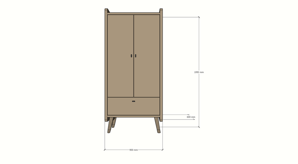Kinderkleiderschrank Denok - 90x60x195H cm - auf runden Beinen - 2 Flügeltüren - verstellbare Einlegeböden und Hängeteil - 1 Soft-Close-Schublade