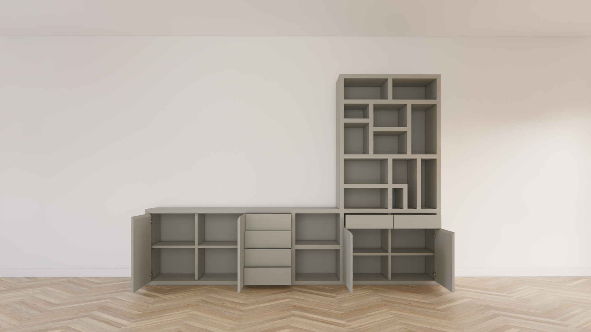 TV-Sideboard mit Fächerschrank Lesbos - 350x40x250H cm - Soft-Close-Schubladen - Push-to-Open-Türen - schlichte Ausführung - offene Fächer
