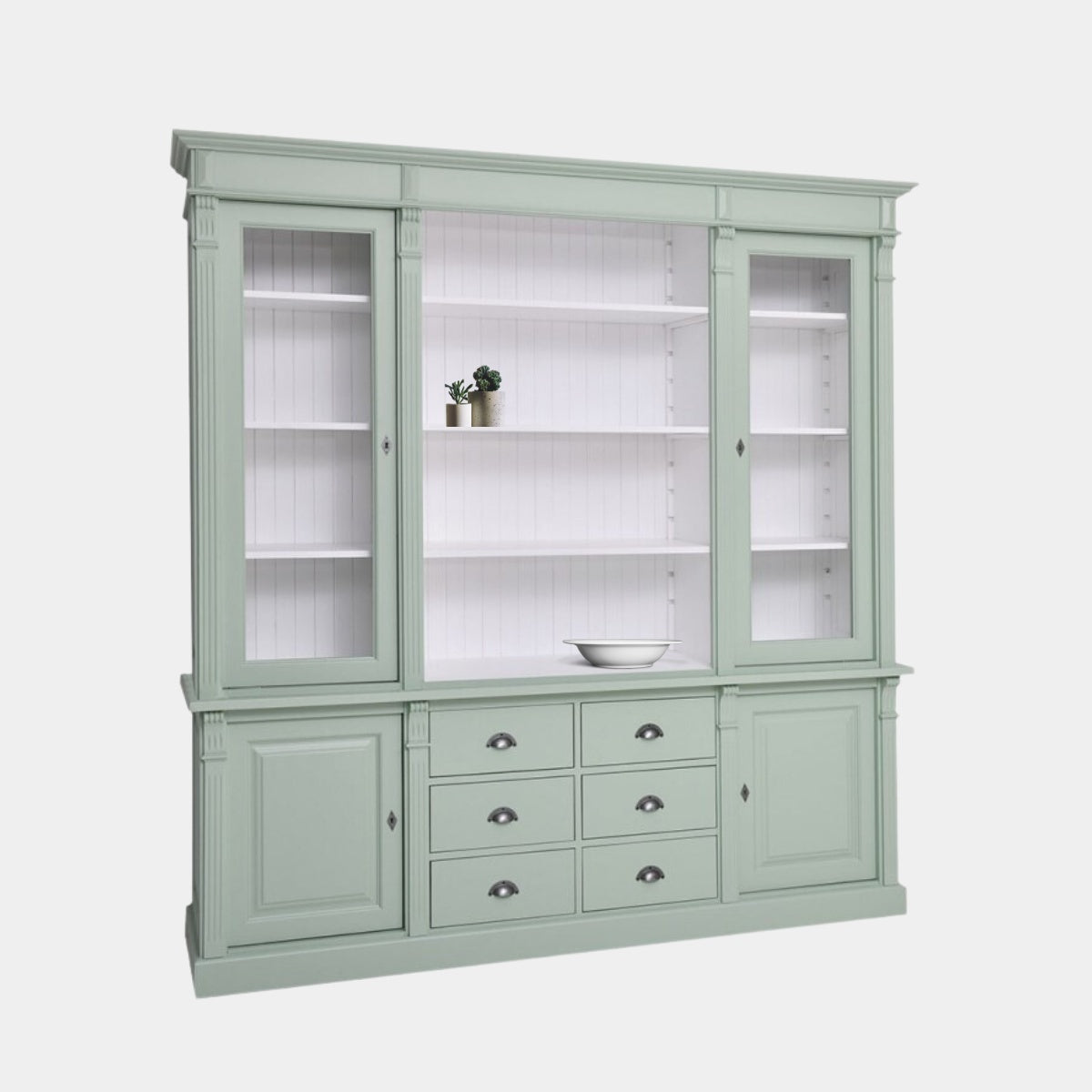 Buffet/Bücherregal Edinburgh - 225x50x230H cm - 2 Vitrinentüren - offenes Fach - 2 geschlossene Türen - 6 Soft-Close-Schubladen - verstellbare Einlegeböden - rustikale Ausführung