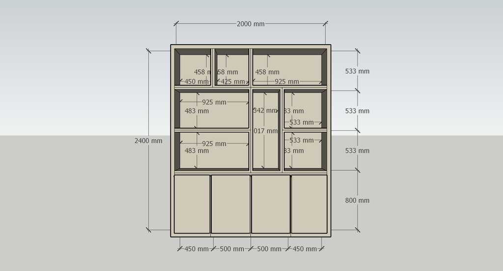 Regal Manhattan 04 - 200x40x240H cm - schlankes Design - 4 push-to-open Türen - offene Einlegeböden - grifflose Türen - 5cm Bodenstärke