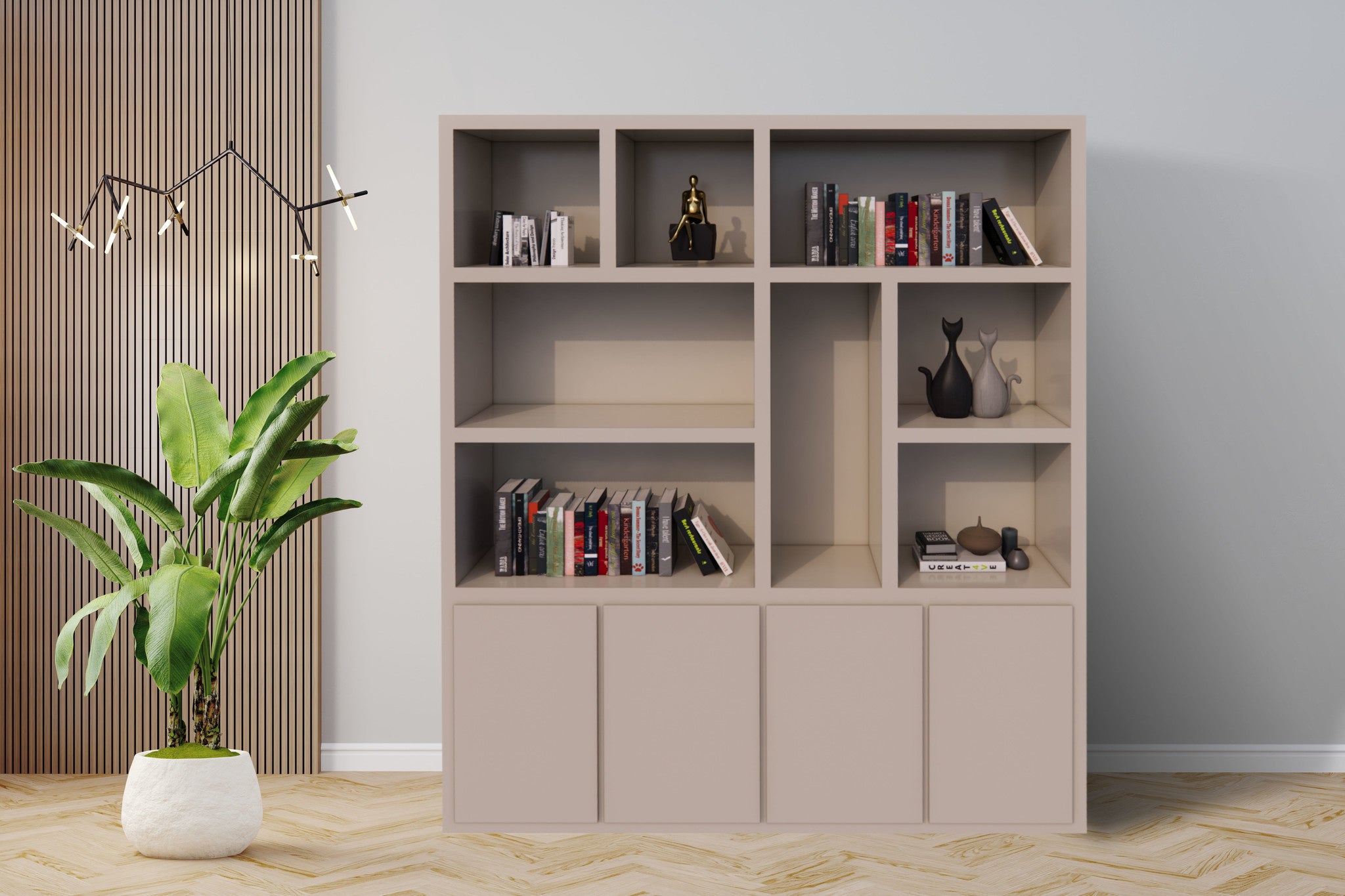 Regal Manhattan 04 - 200x40x240H cm - schlankes Design - 4 push-to-open Türen - offene Einlegeböden - grifflose Türen - 5cm Bodenstärke