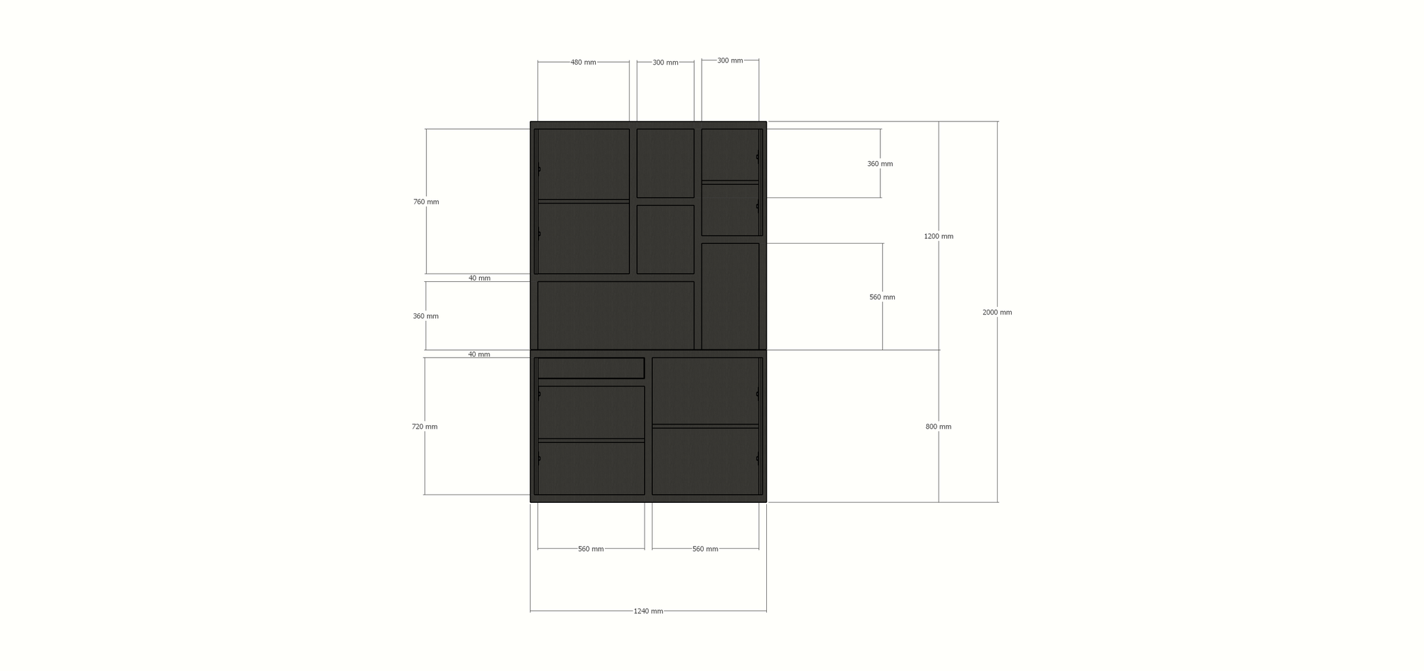 Fächerschrank faro 01 - 124x44x200H cm - geschlossene Türen im Oberschrank - push-to-open Türen - schlankes Design