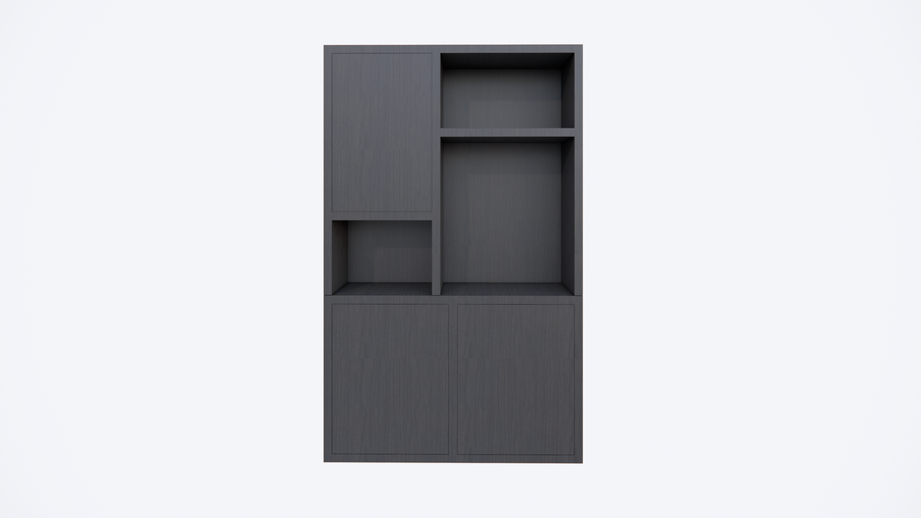 Faro 02 Fächerschrank - 124x44x200H cm - offene Einlegeböden - geschlossene Tür im Oberschrank - push to open Türen - Schublade hinter der Tür - schlankes Design