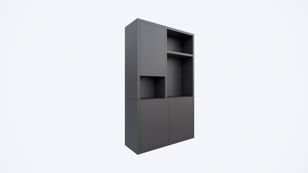 Faro 02 Fächerschrank - 124x44x200H cm - offene Einlegeböden - geschlossene Tür im Oberschrank - push to open Türen - Schublade hinter der Tür - schlankes Design