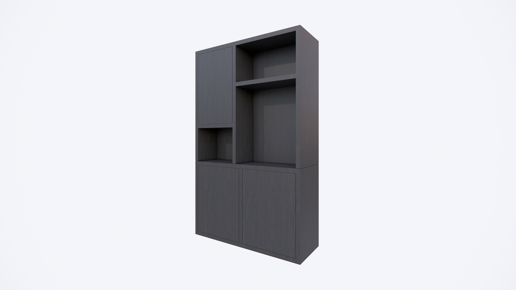 Faro 02 Fächerschrank - 124x44x200H cm - offene Einlegeböden - geschlossene Tür im Oberschrank - push to open Türen - Schublade hinter der Tür - schlankes Design