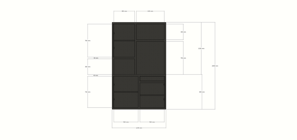 Faro 02 Fächerschrank - 124x44x200H cm - offene Einlegeböden - geschlossene Tür im Oberschrank - push to open Türen - Schublade hinter der Tür - schlankes Design