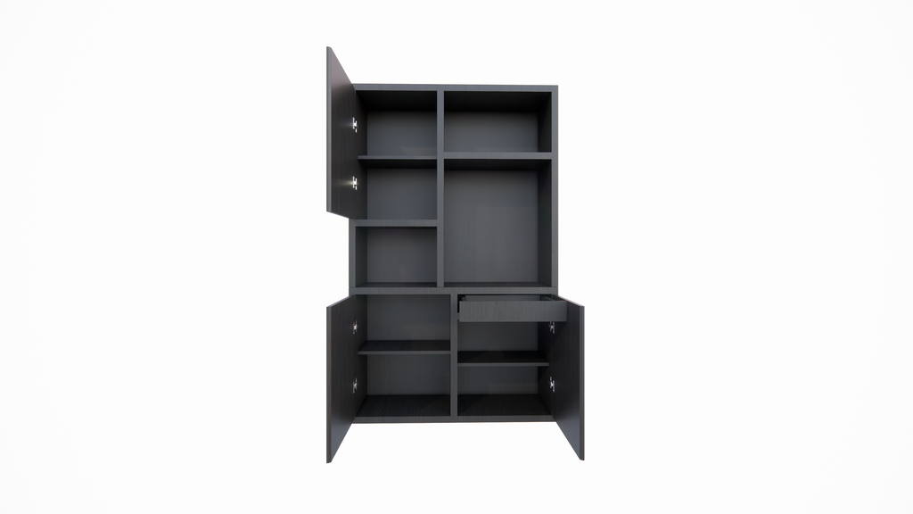Faro 02 Fächerschrank - 124x44x200H cm - offene Einlegeböden - geschlossene Tür im Oberschrank - push to open Türen - Schublade hinter der Tür - schlankes Design