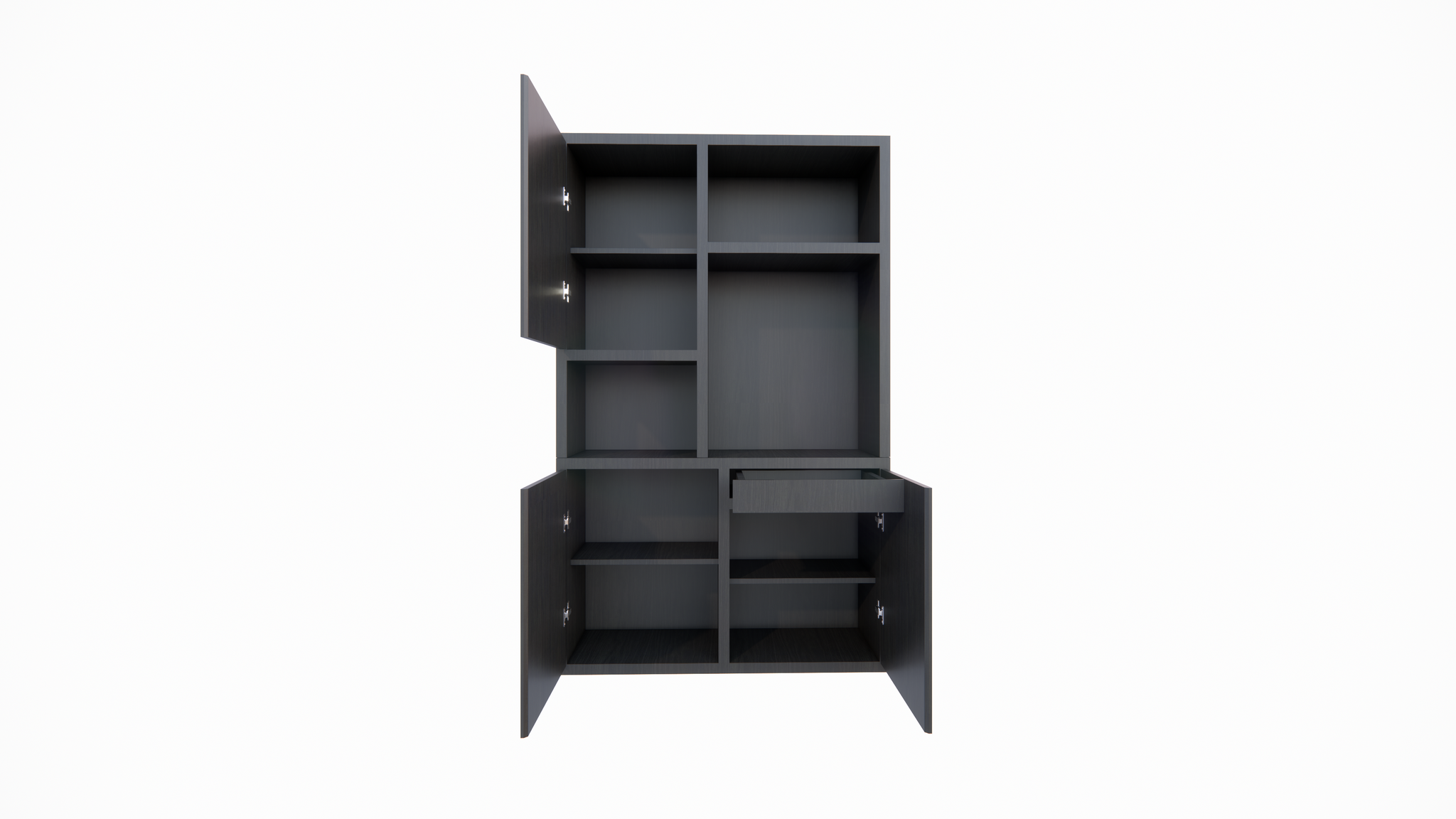 Faro 02 Fächerschrank - 124x44x200H cm - offene Einlegeböden - geschlossene Tür im Oberschrank - push to open Türen - Schublade hinter der Tür - schlankes Design