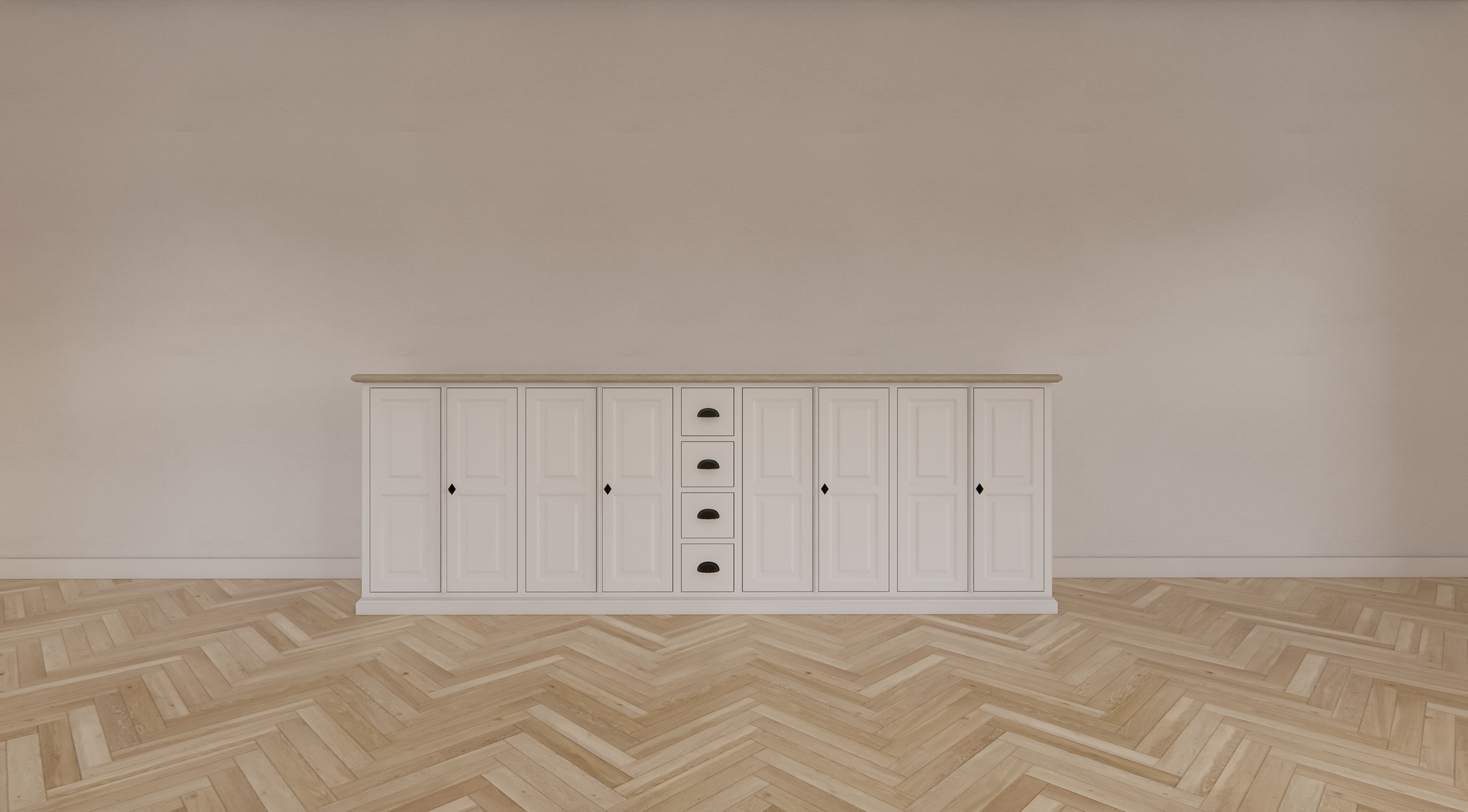 Sideboard Fernie - 260x50x90H cm - mit Eichenplatte - 8 Flügeltüren - 4 Schubladen