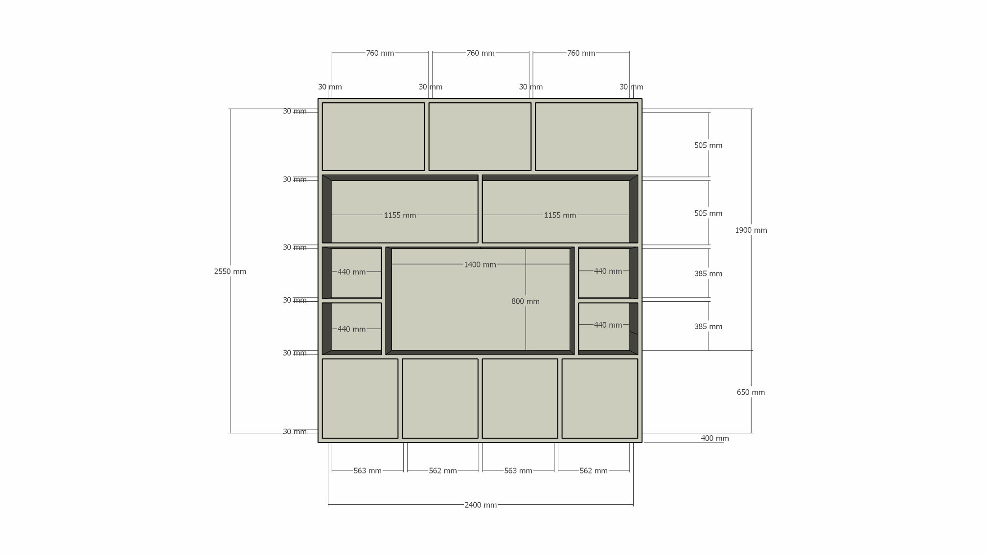 Flensburger Fächerschrank - 240x40x255H cm - Push-to-open-Türen - schlichte Ausführung