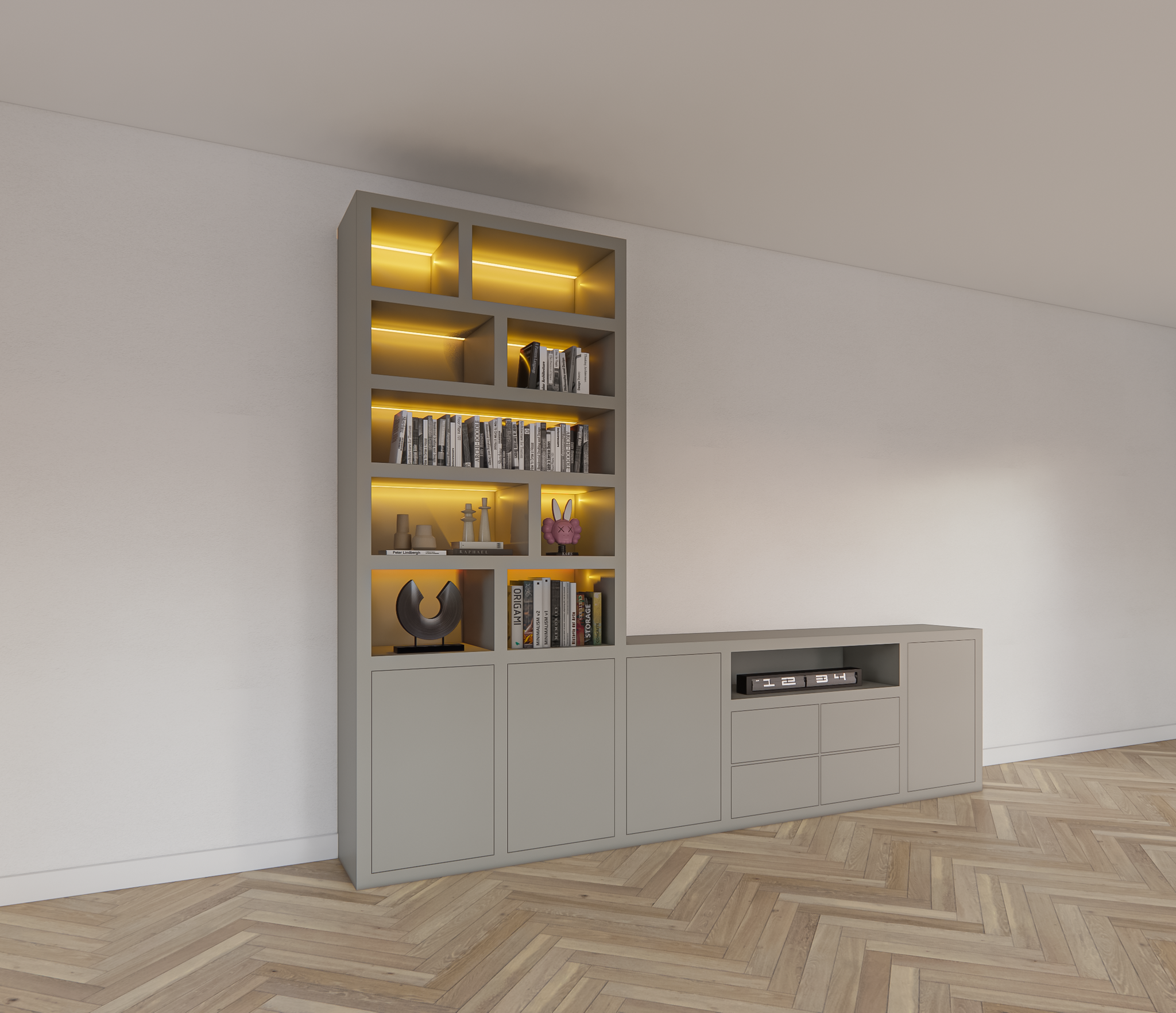TV-Fach Sideboard Fleurus - 300x40x240H cm - Push-to-open Türen - 4 Push-to-open Schubladen - schlichte Ausführung (STANDARD OHNE BELEUCHTUNG)
