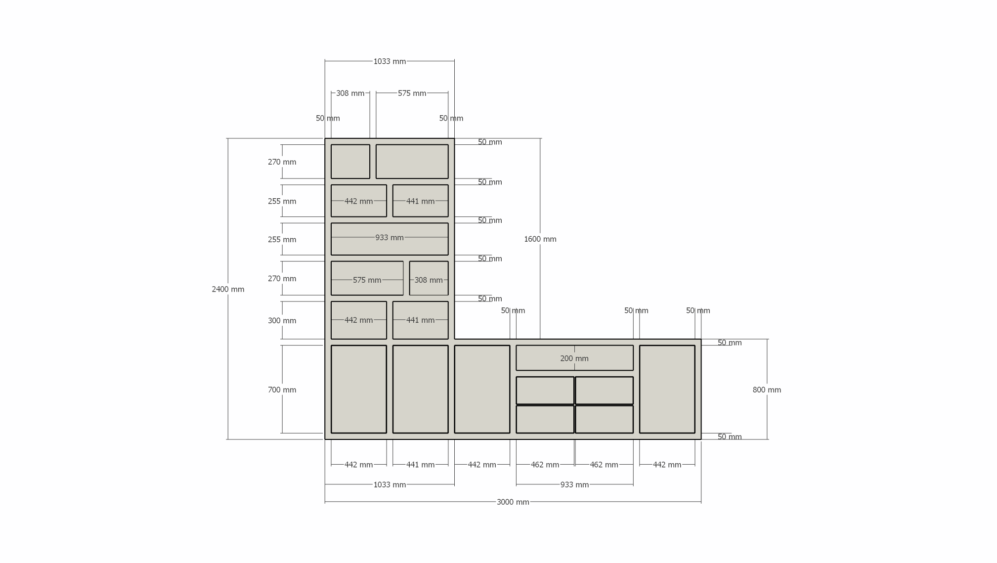 TV-Fach Sideboard Fleurus - 300x40x240H cm - Push-to-open Türen - 4 Push-to-open Schubladen - schlichte Ausführung (STANDARD OHNE BELEUCHTUNG)