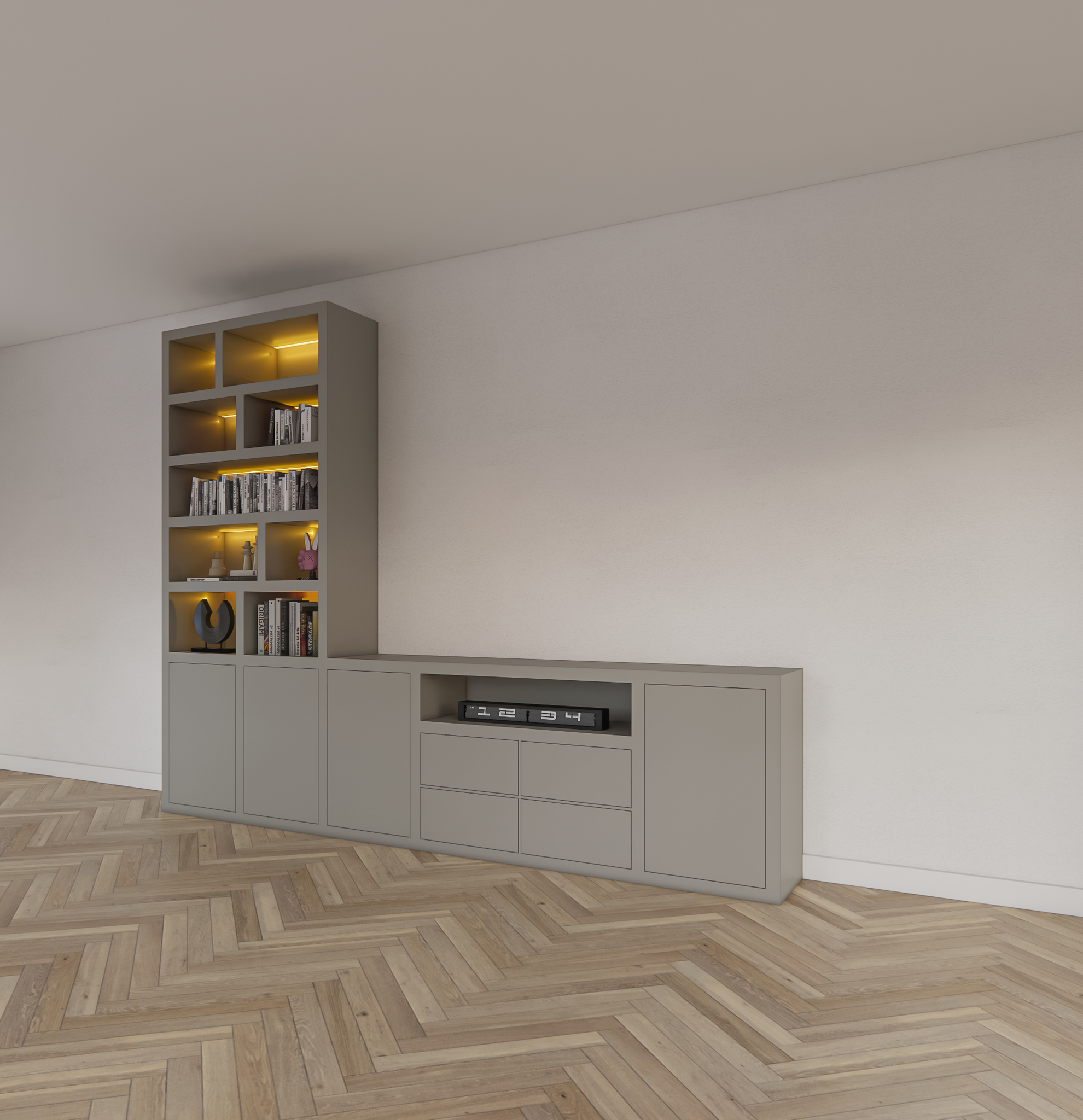 TV-Fach Sideboard Fleurus - 300x40x240H cm - Push-to-open Türen - 4 Push-to-open Schubladen - schlichte Ausführung (STANDARD OHNE BELEUCHTUNG)