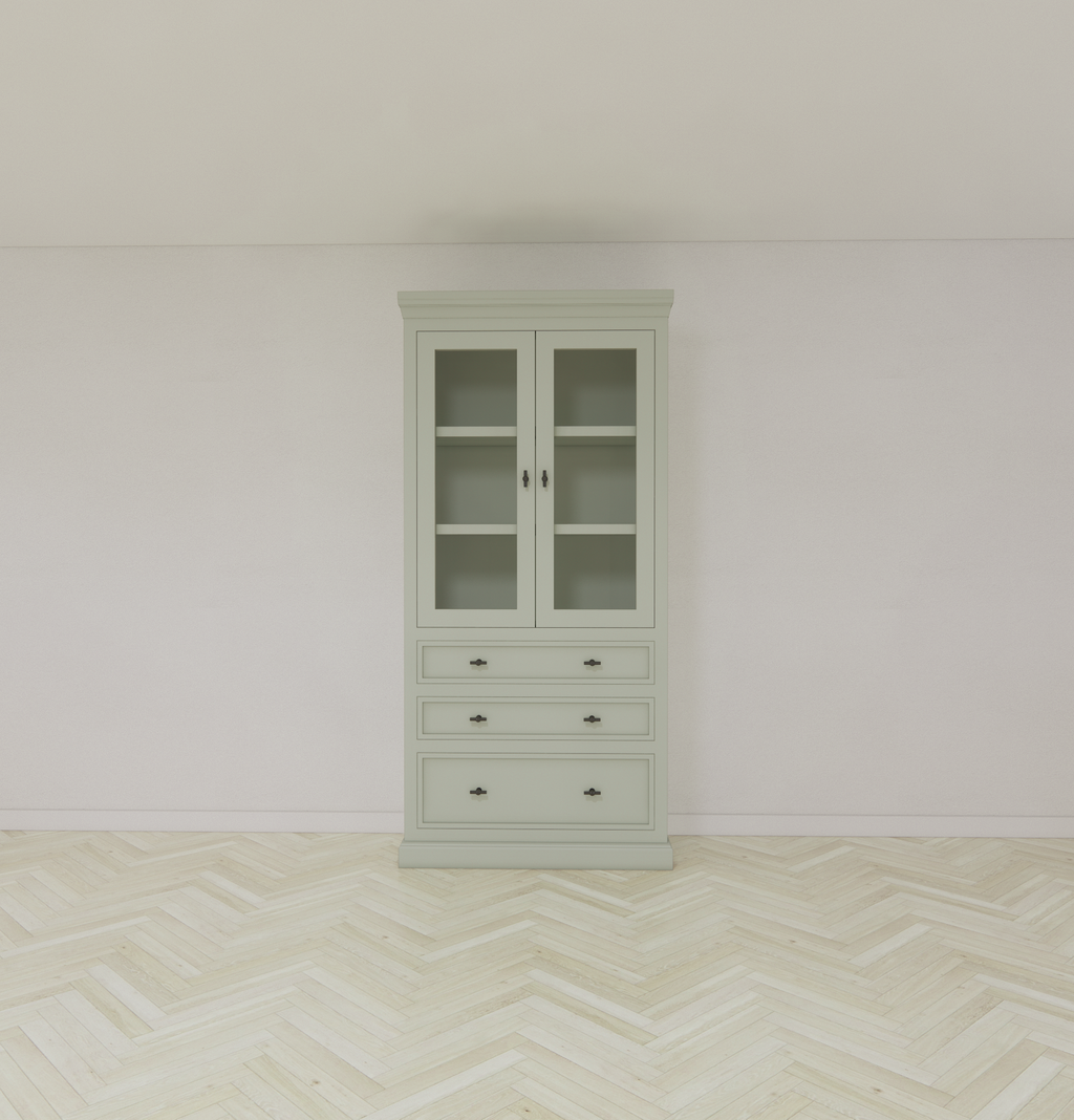 Vitrine/Schubladenschrank Foggia 01 - 107x48x225H cm - 2 Schranktüren - 3 breite Soft-Close-Schubladen - rustikaler/klassischer Dekorrahmen